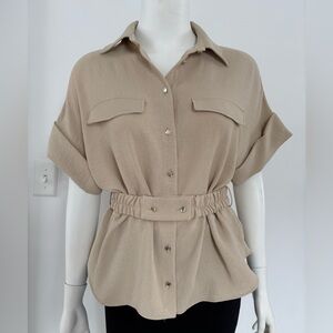 Zara Beige Button-Front Shirt with  Waist Belt